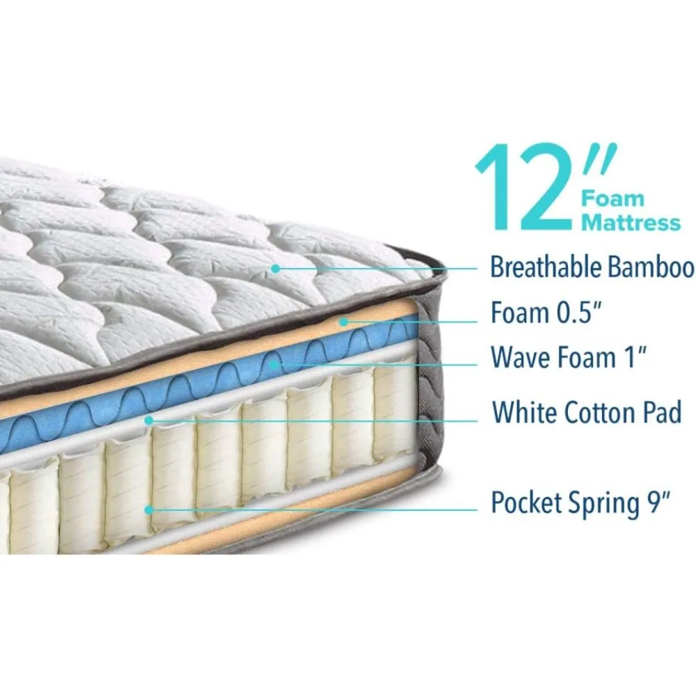 Bamboo 12" Inch Certified Independently & Individually Wrapped Pocketed Encased Coil Pocket Spring Contour Mattress