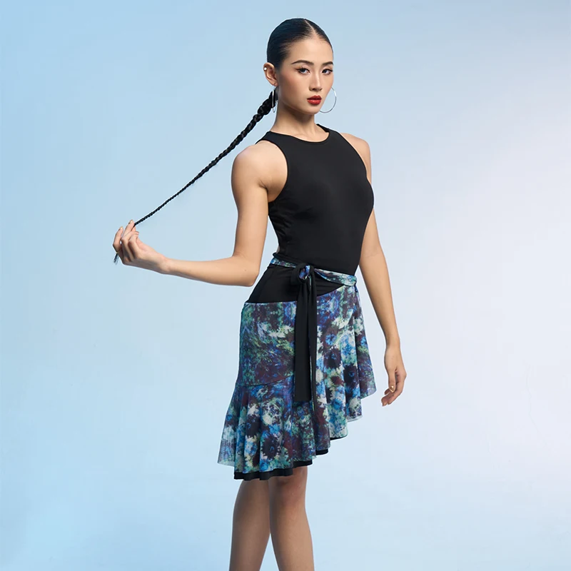 2025 라틴 댄스 대회 의상 여성용 섹시 백리스 바디수트 태슬 프린트 스커트 세트 성인 라틴 댄스복 DQS20901