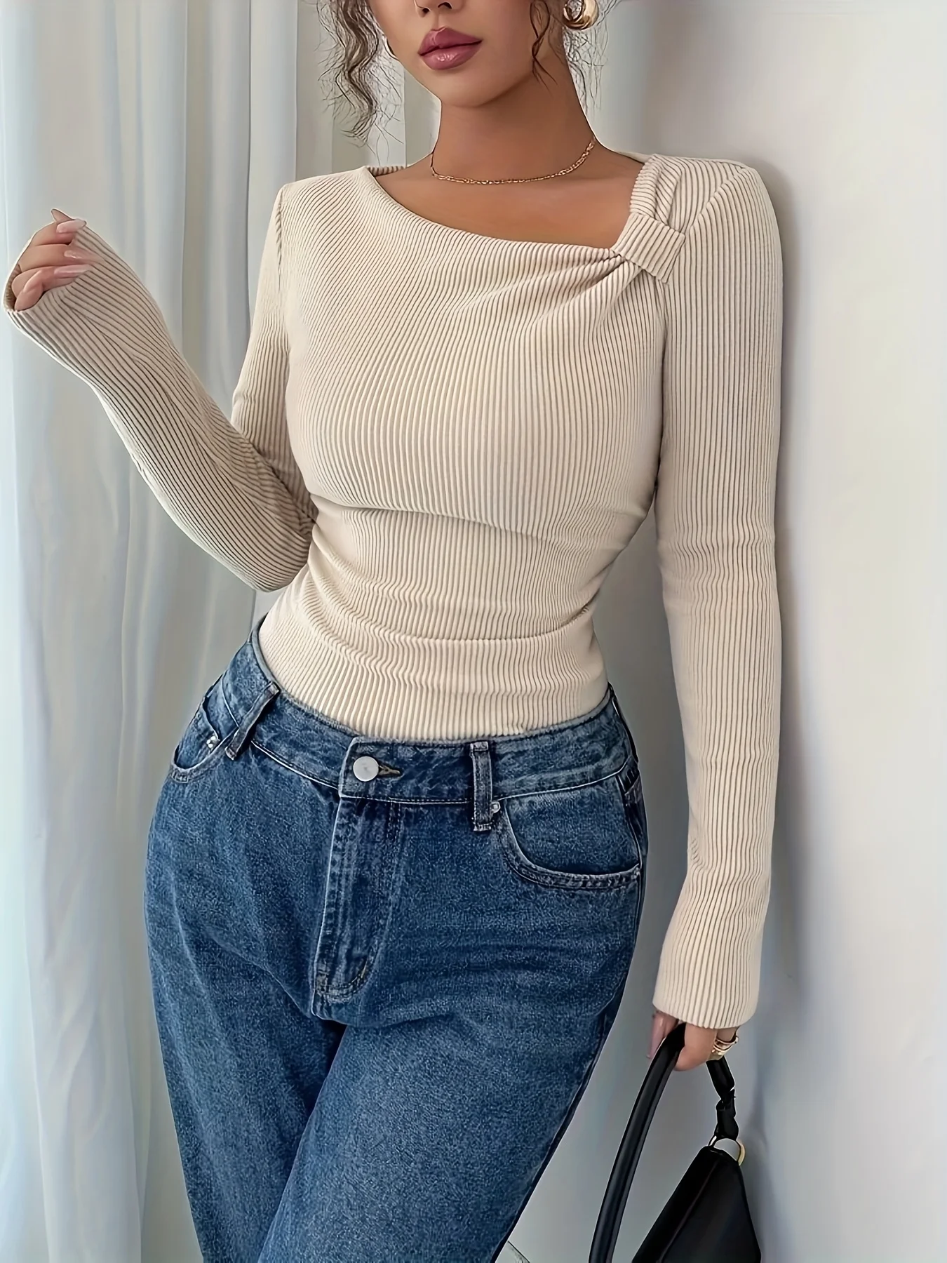 

Autumn and winter new elegant long sleeved solid color slant neck knitted sweater top for daily wear