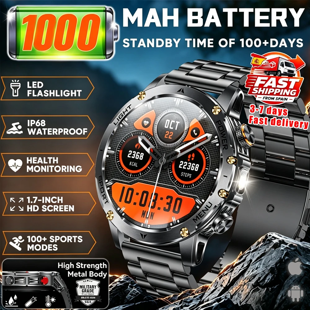 Nouvelle montre intelligente militaire 2026, batterie de 1000 mAh, montre de suivi de forme physique durable, étanche IP68, tactique, lampe de poche LED, montre intelligente avec fonction d'appel pour hommes.