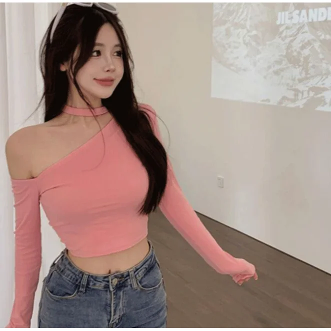 Sexy Shoulder Bared Long Sleeve T Shirt for Women Neck Hanging Design Short And Slim Fit Cotton Polyester Blend Top