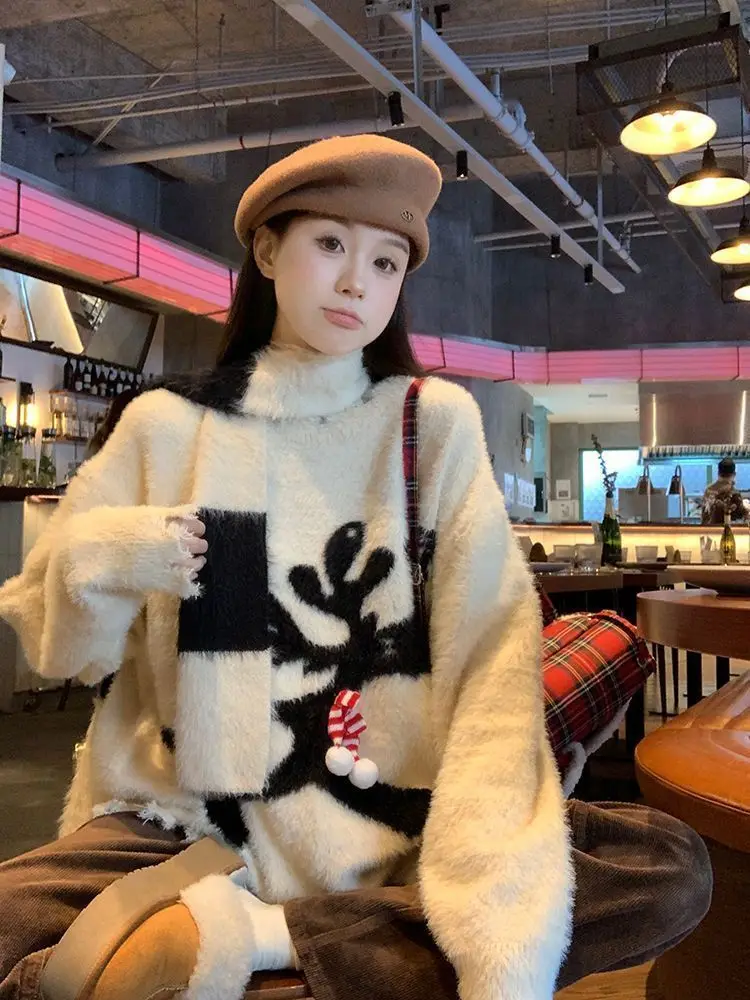 White Pullovers Christmas Reindeer Jacquard Weave Knitted Sweater Korean Winter Women High Quality Kawaii Knitwear Jumpers Teens