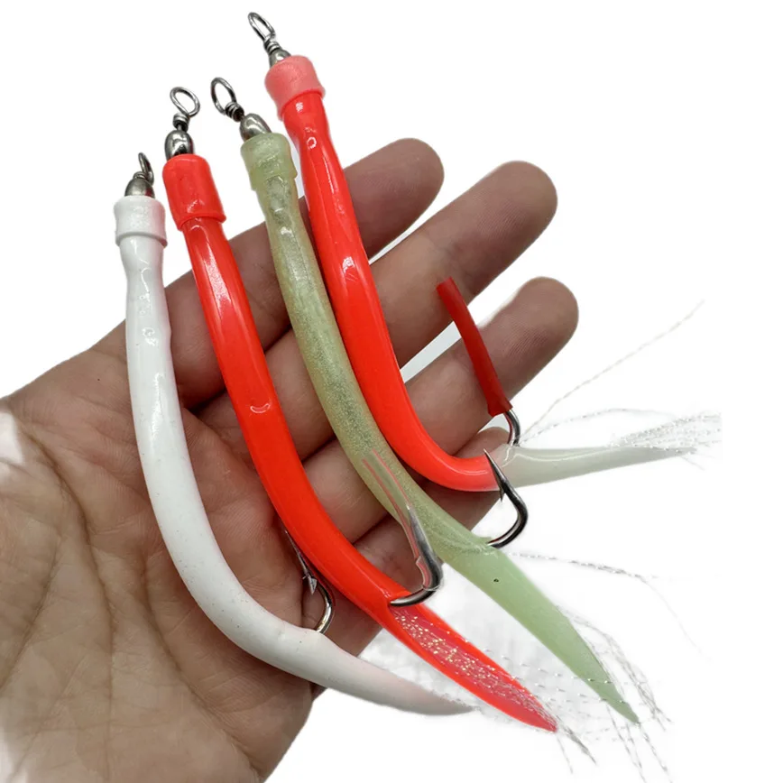 Señuelos de tubo de lubina, cebo blando para curricán, gancho de acero inoxidable, barril giratorio, señuelo de Anguila de imitación, tubo de goma, señuelo de pesca, lubina