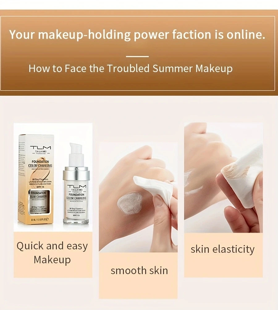 TLM TUM Colour Changing Warm Skin Tone Foundation Makeup Base Nude Face Moisturizing Liquid Cover Concealer for Women