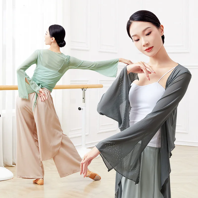 Classical Dance Costume Women Ballet Clothes Solid Tops Yoga Sport Bandage Costume Chinese Folk Dances Diamond Flared Sleeve