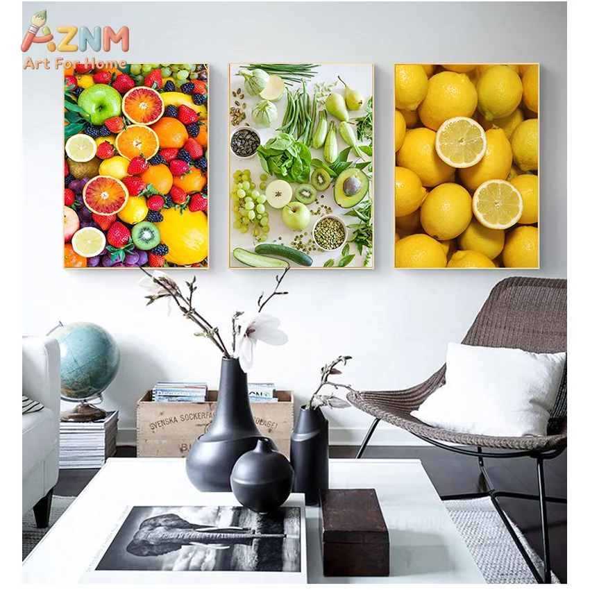 AZNM Fresh Kiwi Lemon Citrus Fruit Canvas Wall Art Print Decor