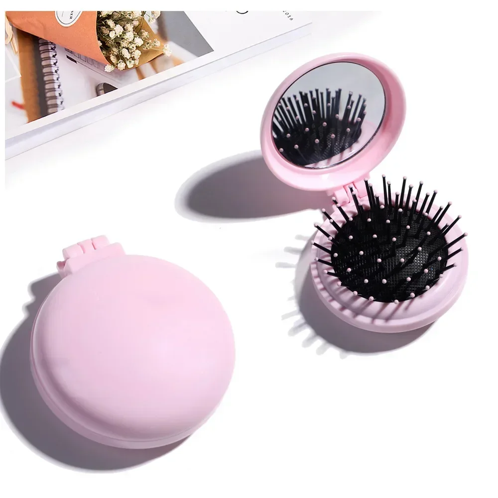 Portátil mini pente de cabelo redondo com bolso espelho tamanho pequeno viajar massagem dobrável pente de cabelo escovas de cabelo feminino ferramentas de estilo