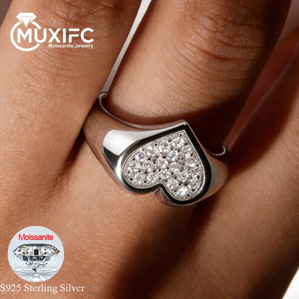 MUXIFC Heart Moissanite Hip Hop Ring for Women Men Chunky Wide Wedding Band 925 Sterling Silver D Color Diamond GRA Certificate