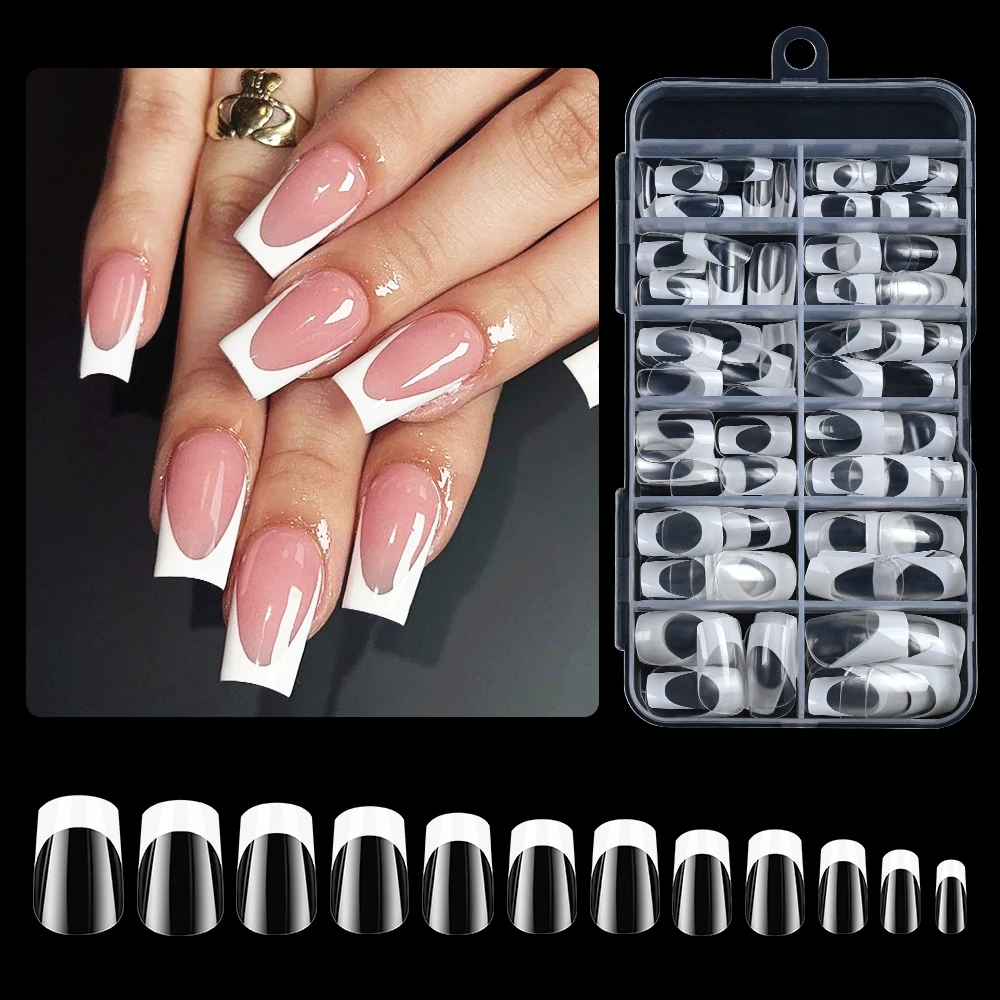 120pcs Dual Color Transparent & White French Artificial Nails Full Cover Square Nail Tips 12 Sizes Salon Quality DIY Manicure &^
