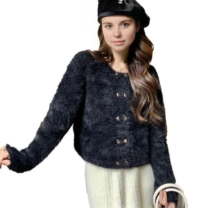 Cardigan lavorato a maglia di visone imitazione, maglione, giacca, abbigliamento primaverile e autunnale da donna, nuovo stile corto, sottile e alla