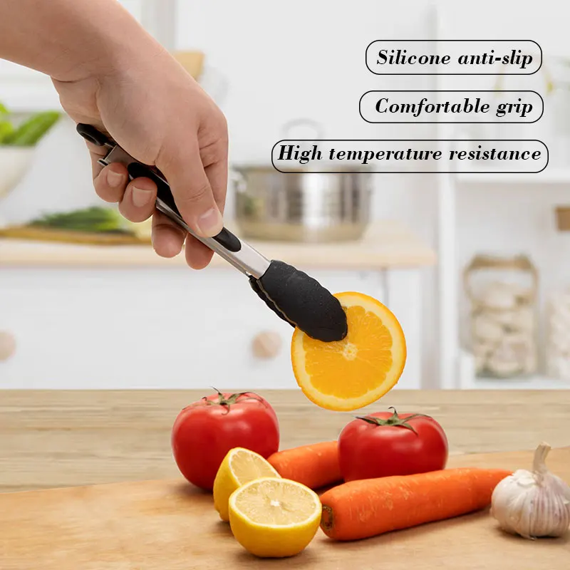 1 Pc Black Silicone Food Tongs, Stainless Steel Food Tongs Outdoor BBQ Clamps For Camping Kitchen Tongs For Baking Steak image 3