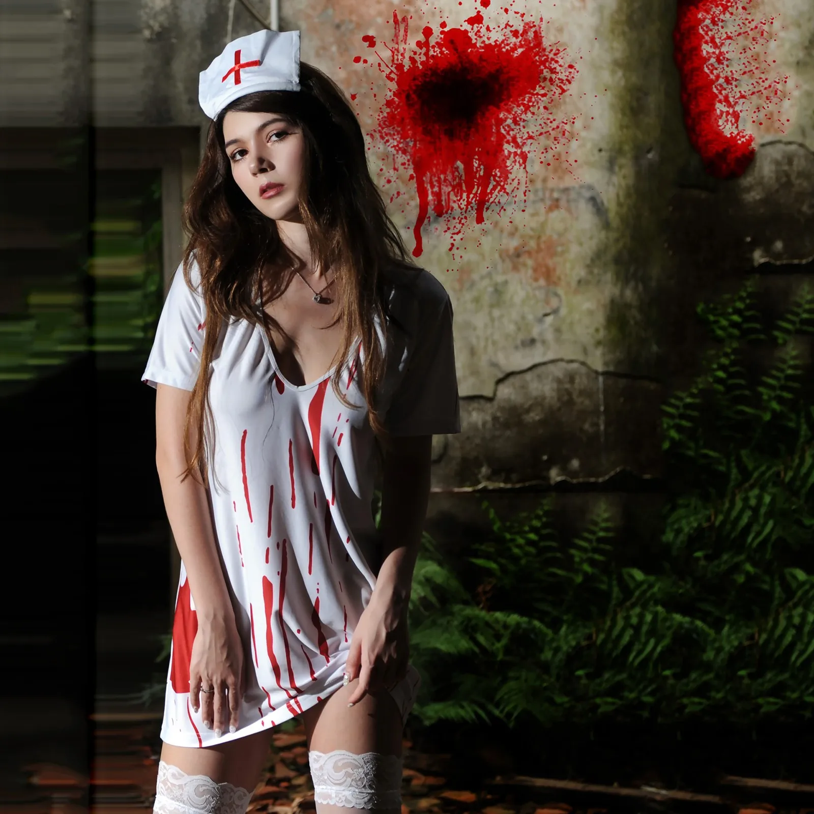 

Halloween Horror Blood Nurse Uniform Cosplay Costumes Women Girls Dress Printing Stocking Skirt Party Carnival Masquerade Suit