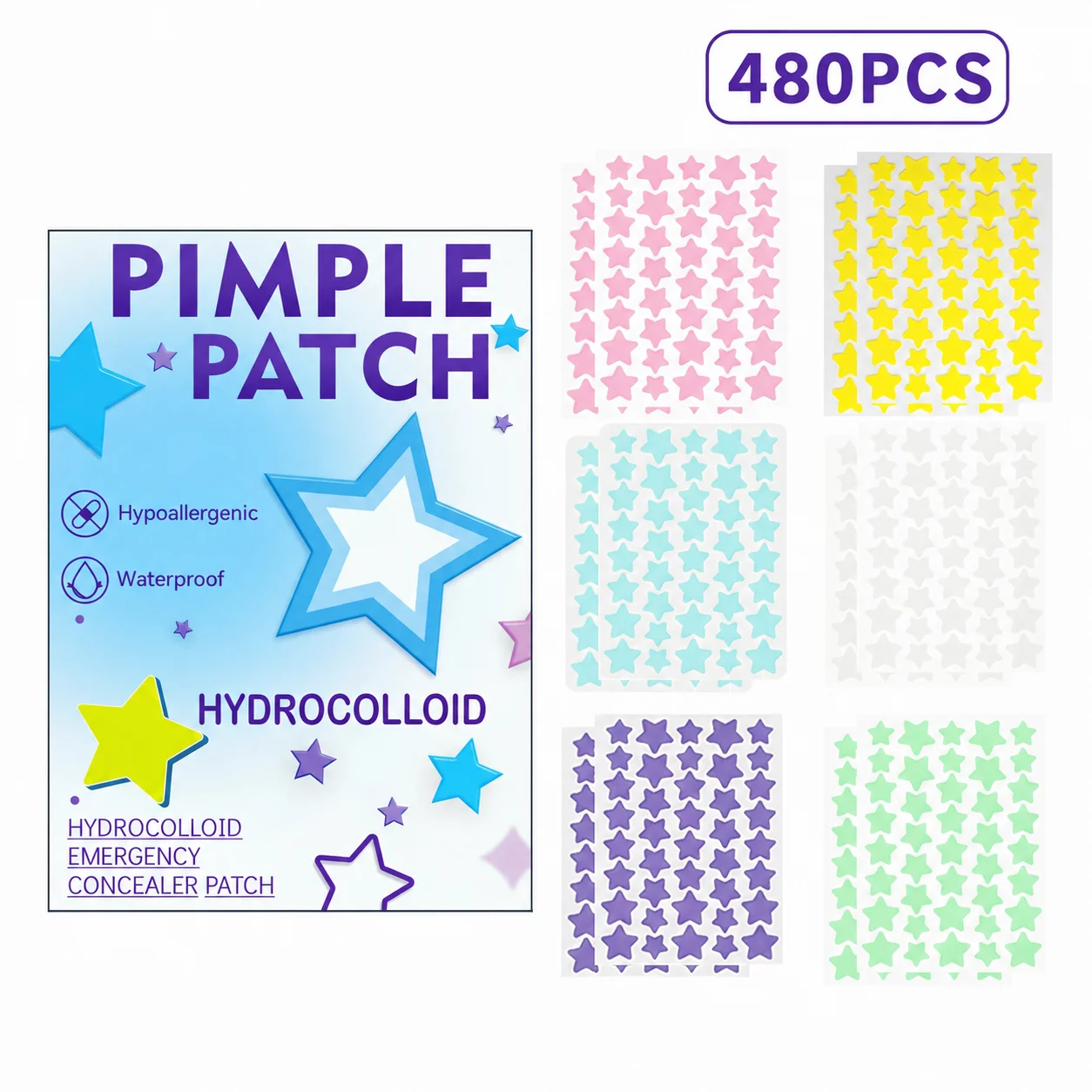 480PCS Multicolor Star Acne Patches Hydrocolloid Pimple Stickers Invisible Blemish Cover for Face Makeup