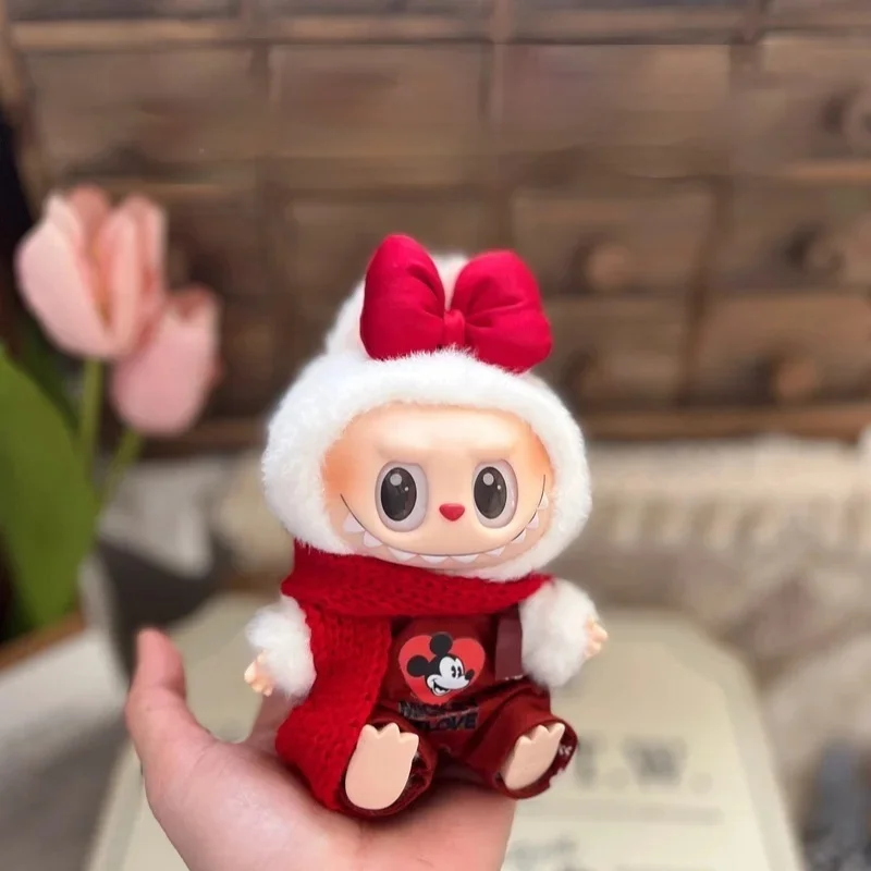 

Cute Labubu Cloth 17cm 15cm Standing Posture Vinyl Pendant Doll Clothes Red Mickey Suit (Bib+Scarf+Bow)
