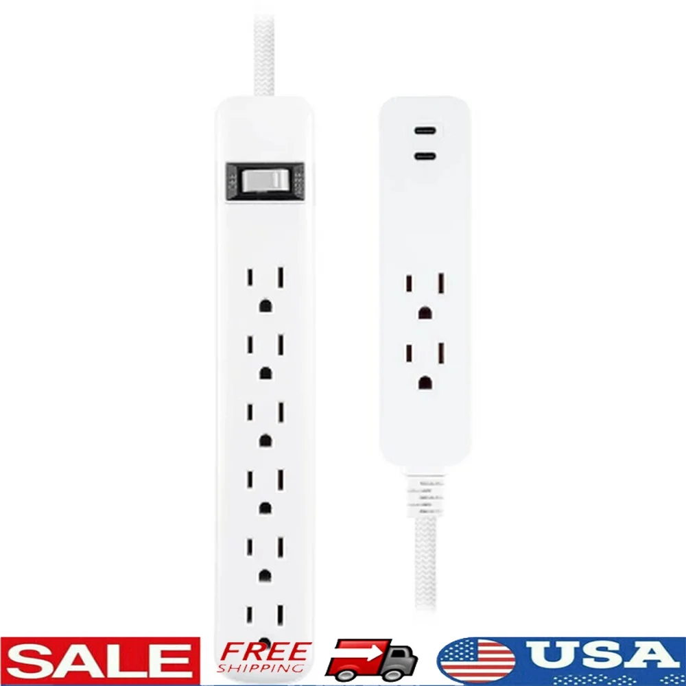 

Комбинированный блок защиты от перенапряжения для зарядки через USB, 8 розеток, 2 порта USB-C, 245J, защита от перенапряжения, плетеный шнур длиной 2 фута, плоская вилка, сертифицирован ETL