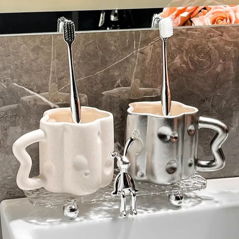 

Creative Irregular Silver White Ceramic Toothbrush Storage Cup Washing Table Brushing Cup Couple Toothpaste Dental Storage Cup