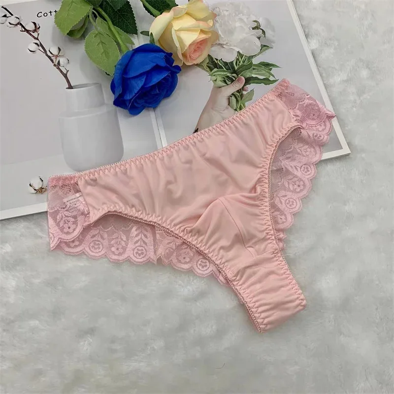 Man's Pink Lace Pants Briefs Silky Touch Live Show Dance Private Party DJ Club Bar FKK Back Hip Sheer