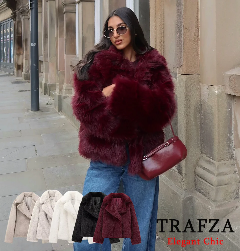 TRAFZA-Women Fashion Winter Solid Lapel Coat Faux Fur Coat Jacket New 2024 Autumn Winter Simple Casual Slouchy Romantic Coat