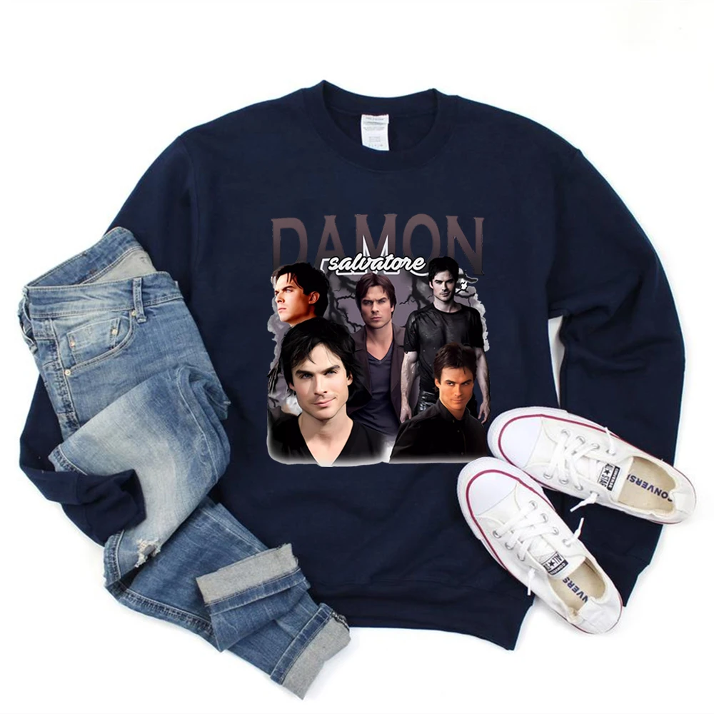 Damon Salvatore Sweatshirt 90s Retro Vampire Diares Hoodie Vintage Bootleg Style T-Shirt Salvatore Brothers Crewneck Sweatshirts