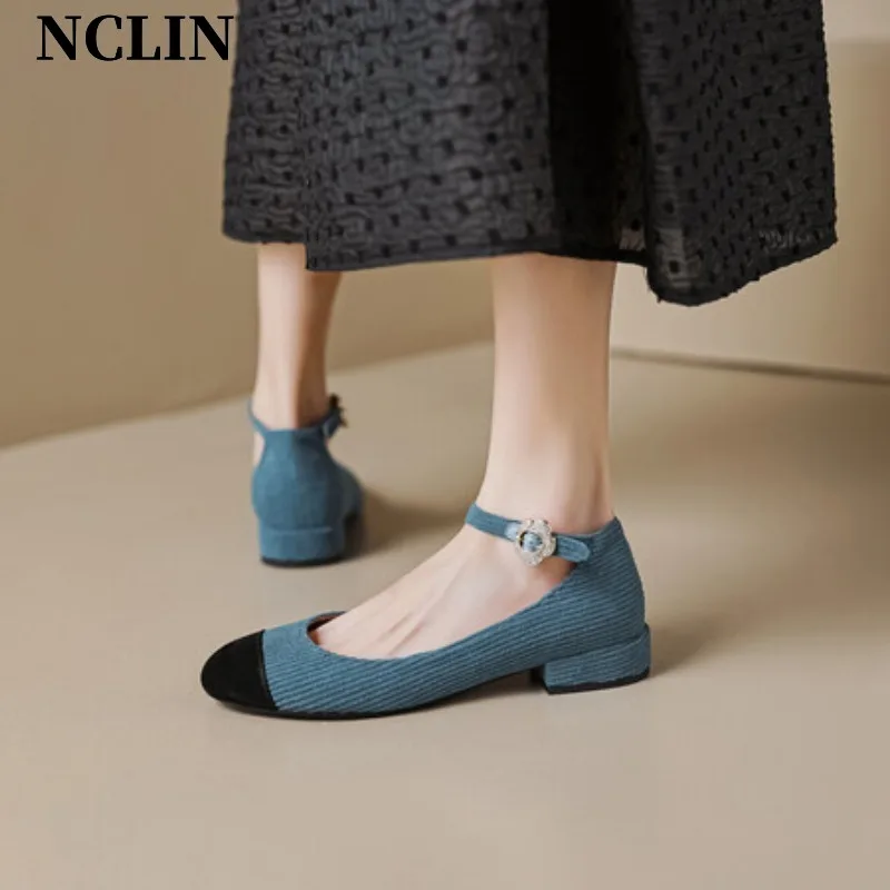 New Spring/Summer Women Shoes Chunky Heel Round Toe Shoes For Women Corduroy Buckle Strap Low Heel MARY JANES Zapatos De Muje