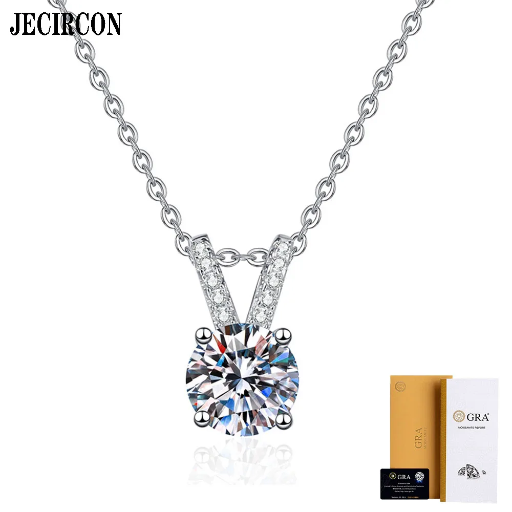 

JECIRCON 925 Sterling Silver Necklace 4-Claw Simple Rabbit Ears Moissanite Pendant 1 Carat Versatile Clavicle Chain Fine Jewelry