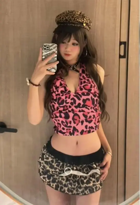 

Tanks & Camis Leopard Print Halter V Neck Y2k Tops American Dark Academia Grunge Subcultural High Street Punk Harajuku Gothic