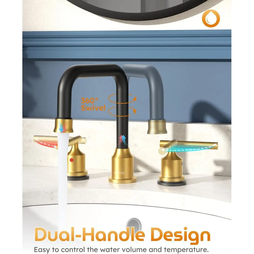 صنبور حوض الحمام بمقبضين 8 بوصة 3 فتحات باللونين الأسود والذهبي مع استنزاف منبثق #5