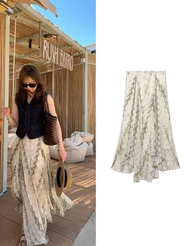 

Print Asymmetrical Long Skirt Women 2025 New Summer Vintage Casual Back Zipper Skirts Fashion Elegant Beach Vacation Midi Skirt