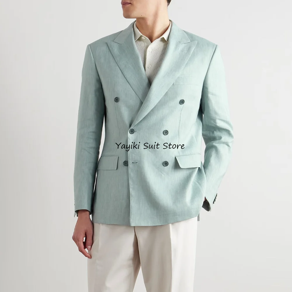 

Business Casual Man Jackets High Quality Double-breasted Men's Social Coat Linen Fabric and Comfortable Lightweight Peak Lapel