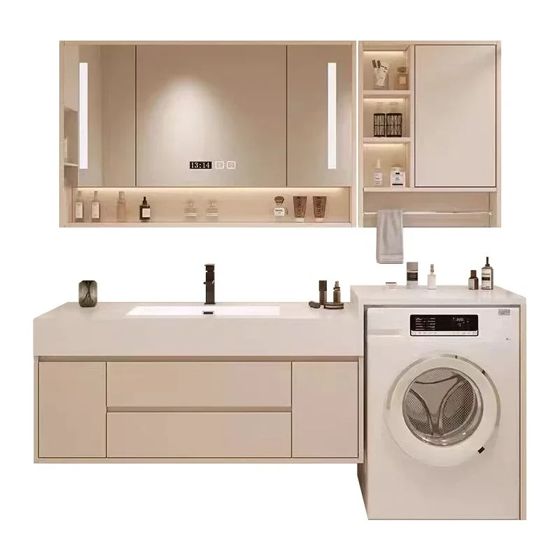 

laundry and washing integrated cabinet, bathroom, rock slab, washbasin, smart mirror
