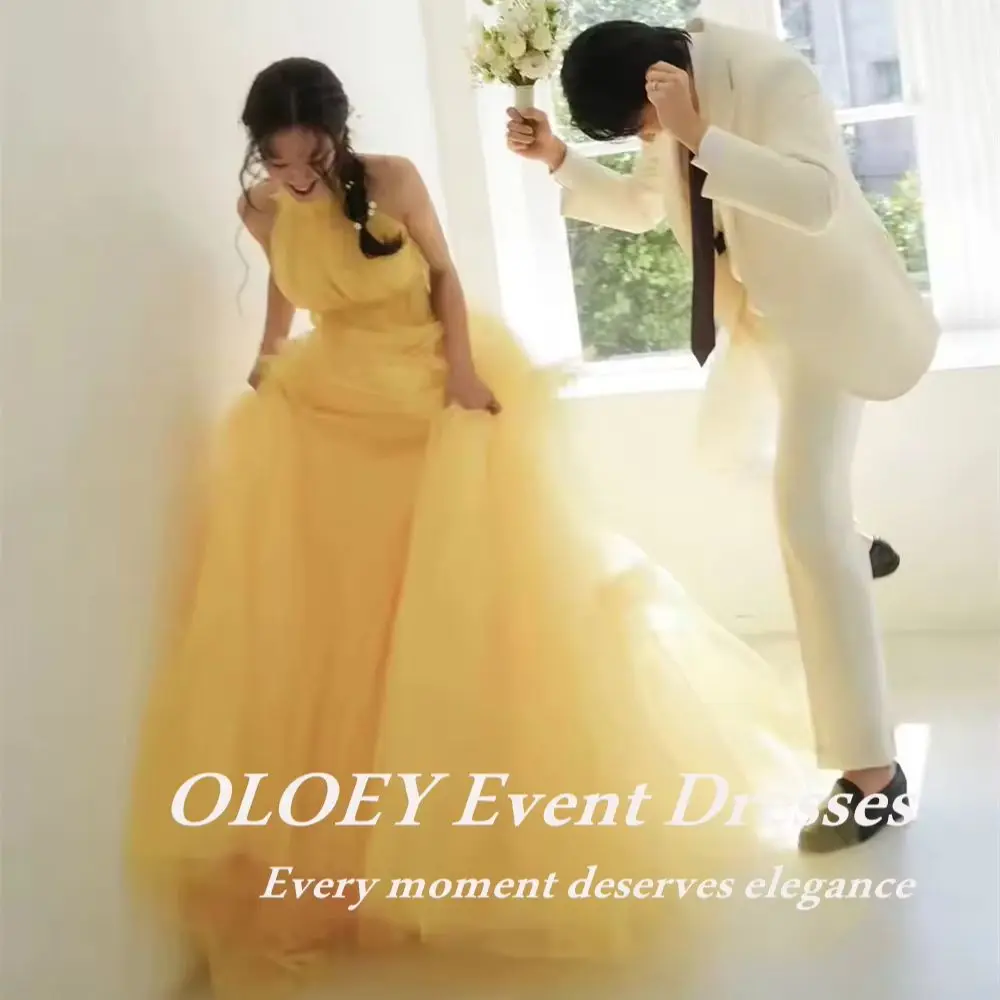 OLOEY Fairy Yellow Korea Wedding Photoshoot Dress Pleat Soft Tulle Halter Customized A Line Reception Gown Floor Length