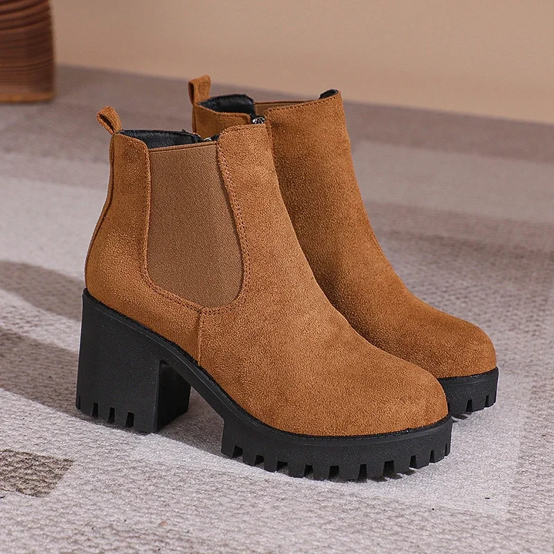 2024 Women Designer Elegant Platform Round Toe Zipper Ankle Boots Women Autumn Winter Comfy Platform Short Boots Shoes for Women