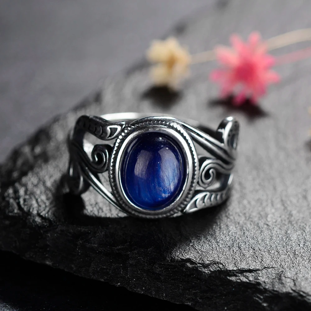 

Oval 8x10MM Kyanite Rings Vintage Hollow Out Flower Shaped Finger Rings for Women Party Gift 925 Sterling Silver Jewelry