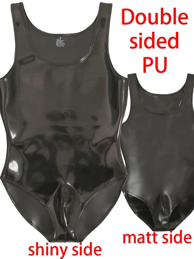 S-4XL Red Gray Black Matt Shiny PU Leather Tank Bodysuit Reversible Tights Sleeveless Muscle Body Teddies Tanktop Shapers Tops