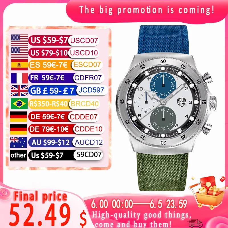 2025, neue Herren-Casual-Quarzuhr, Top-Luxus-Saphir, TMI VD55, Nylon-Herren-Chronograph,
