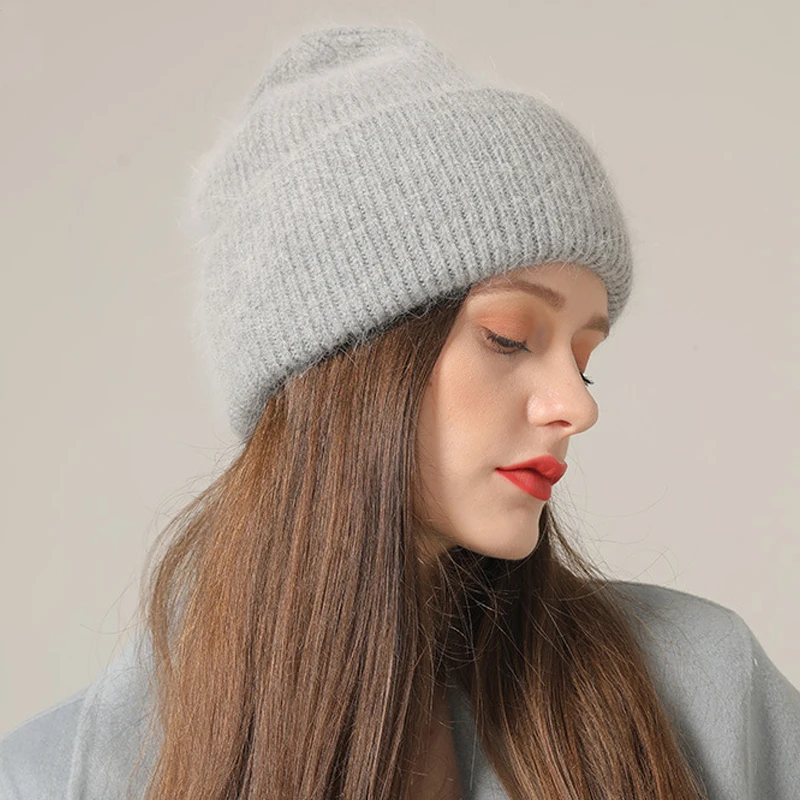 Winter Hats For Women Beanie Hat Rabbit Fur Woman Cap Winter Beanies For Ladies Knitted Hat Cashmere   Autumn Solid Bonnet 2024