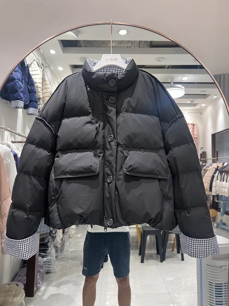 韓国版スタンドカラー拼接格子柄シングルブレストダウンジャケット レディース 2025年新作 ホワイトダックダウンコート