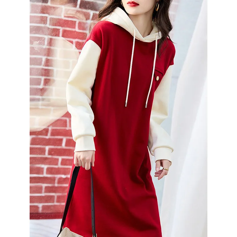 Fashion Hooded Spliced Loose Fake Two Pieces Casual Dresses Female Clothing 2023 Autumn New Oversized Korean Mini Dress