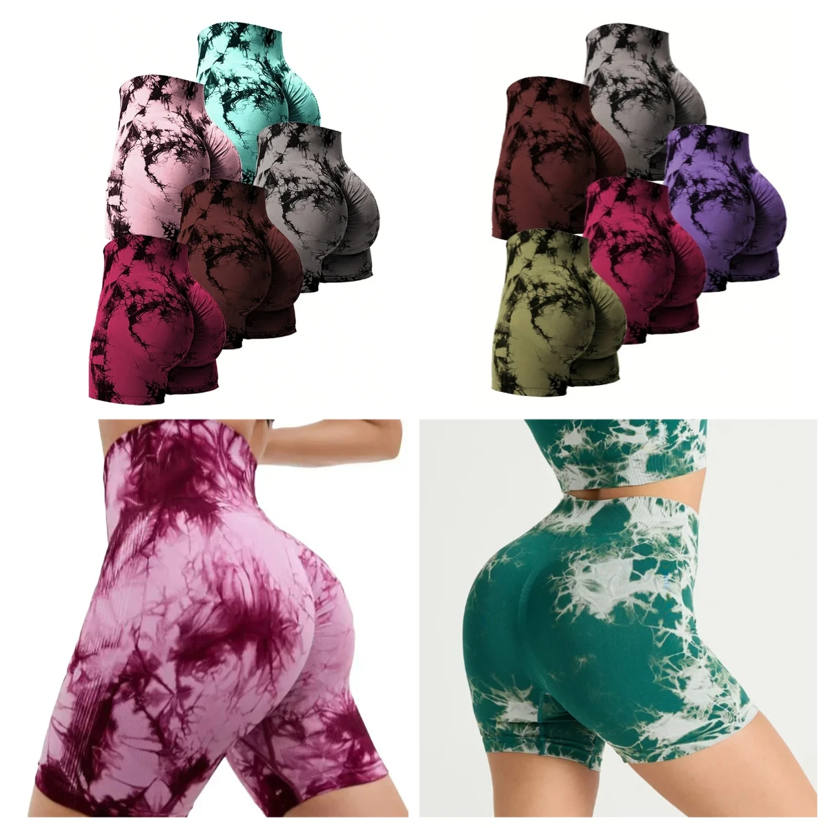 Fitness yogashorts voor dames Tie Dye yogashorts met hoge taille Sneldrogende strakke sportshorts Perzik heupcompressiesportbroeken