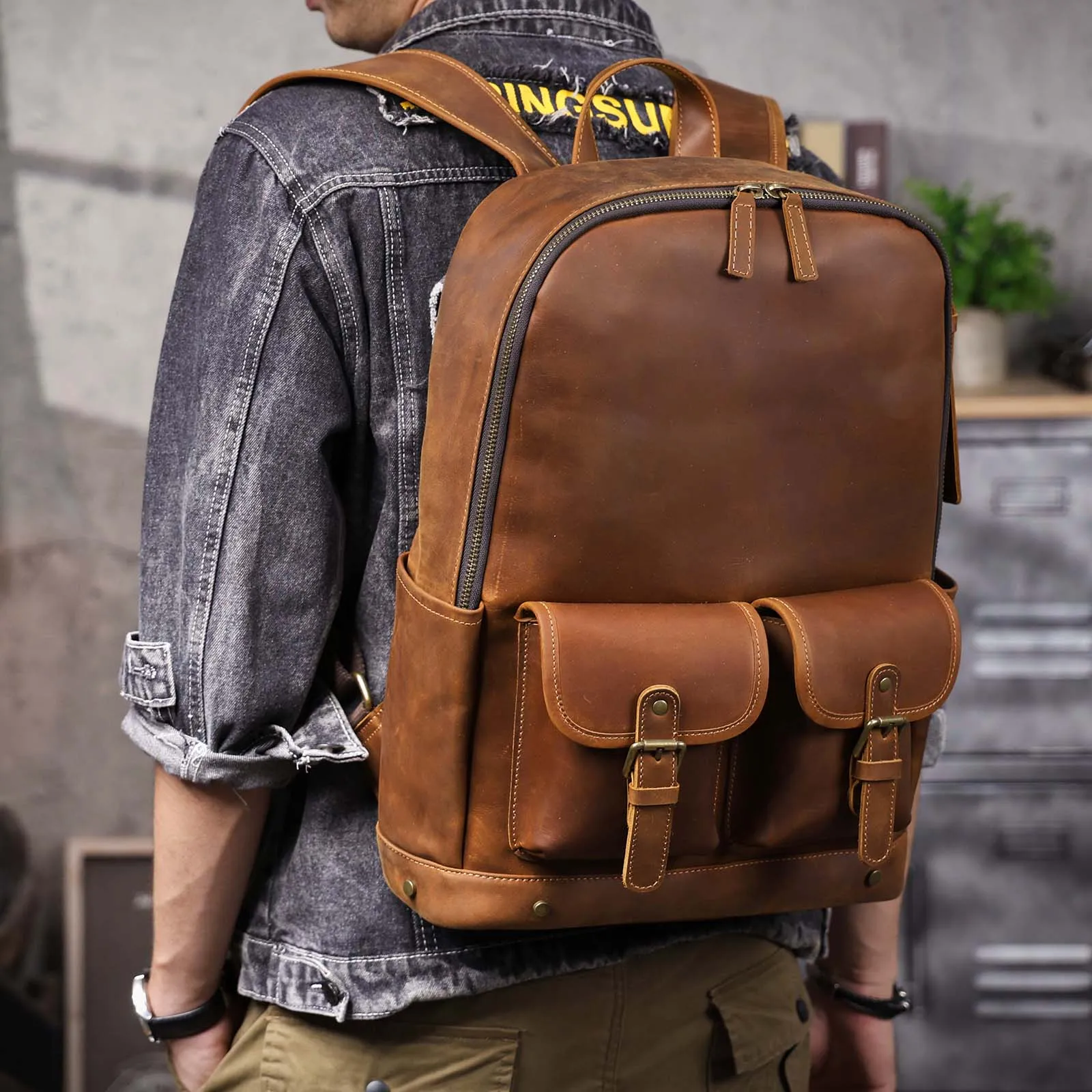S.WORKER Vintage Echtleder-Rucksack 16" Laptop-Tasche Lässige Crazy-Horse-Leder-Schultasche Outdoor-Reise-Weekender-Tasche – Detail 5