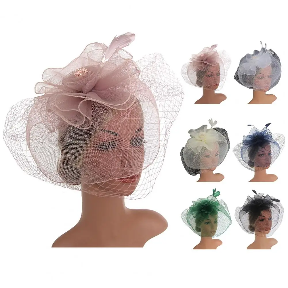 Chapeau Fascinateur en résille pour femme, accessoires de cheveux, vêtements de sauna rétro, élégant, vintage, mariage, maille, plume, fleur, scène