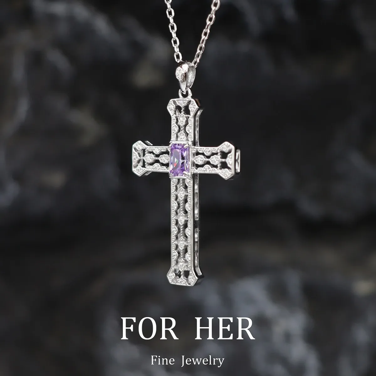 ForHer Jewelry Purple Stone Cross Pendant Necklace Original Sterling Sliver Chain Plated 18k White Gold Fine Necklace for Women