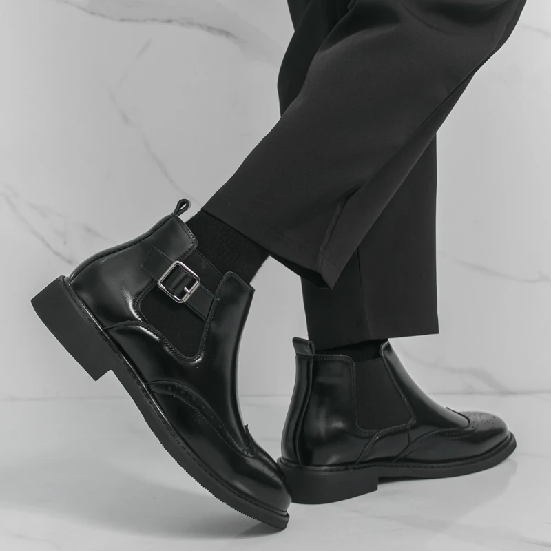 

Men's Black Leather Chelsea Boots Brogue Wingtip Side Buckle Ankle Boots Business Casual Dress Footwear Non-Slip Sole Size：38-46