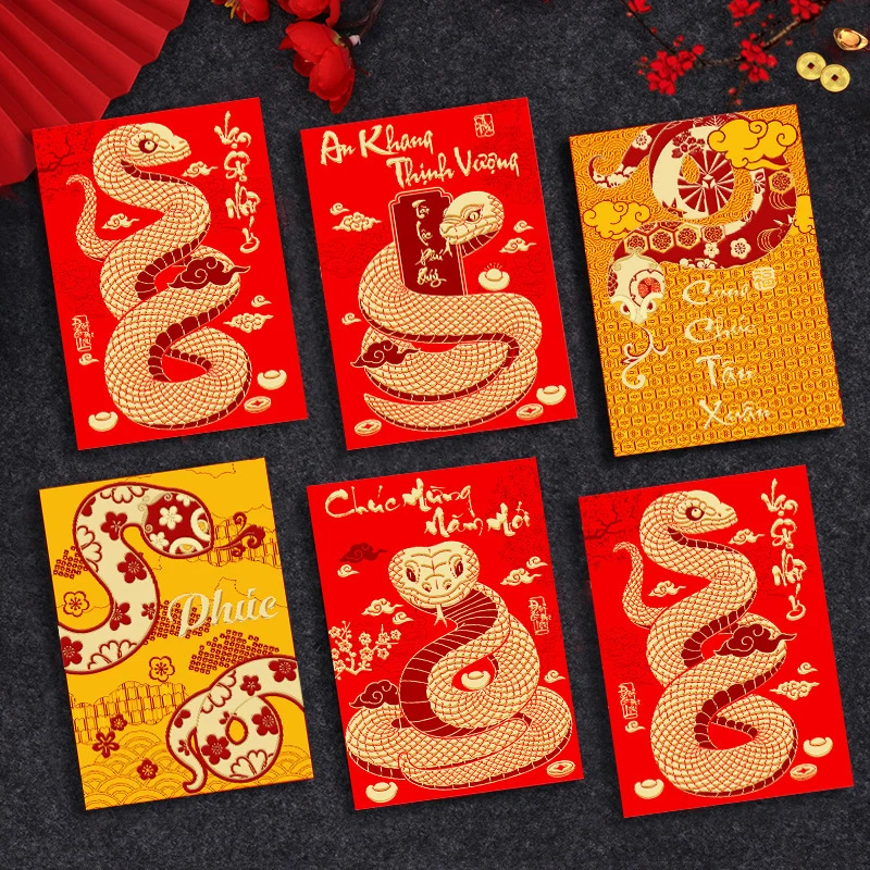 6 pçs curto ano do cobra festival de primavera envelope vermelho presente envelopes de dinheiro chinês 2025 papel fengshui hongbao bolsos