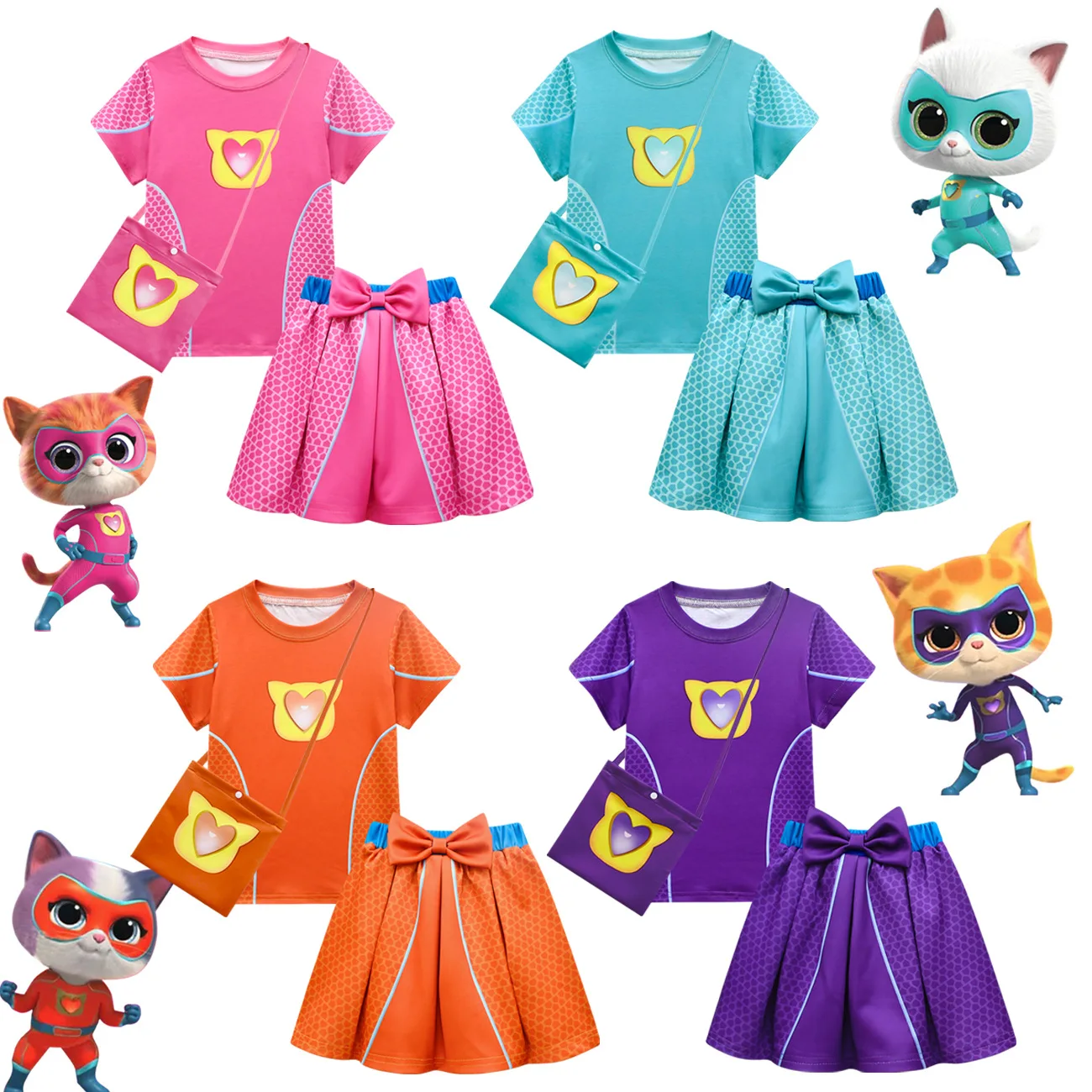 Lovely Super Kitties Princess Dress for Kids Baby Girls T-shirt Dress Bags 3pcs Set Vestido Girl Anime Cat Cosplay Costumes