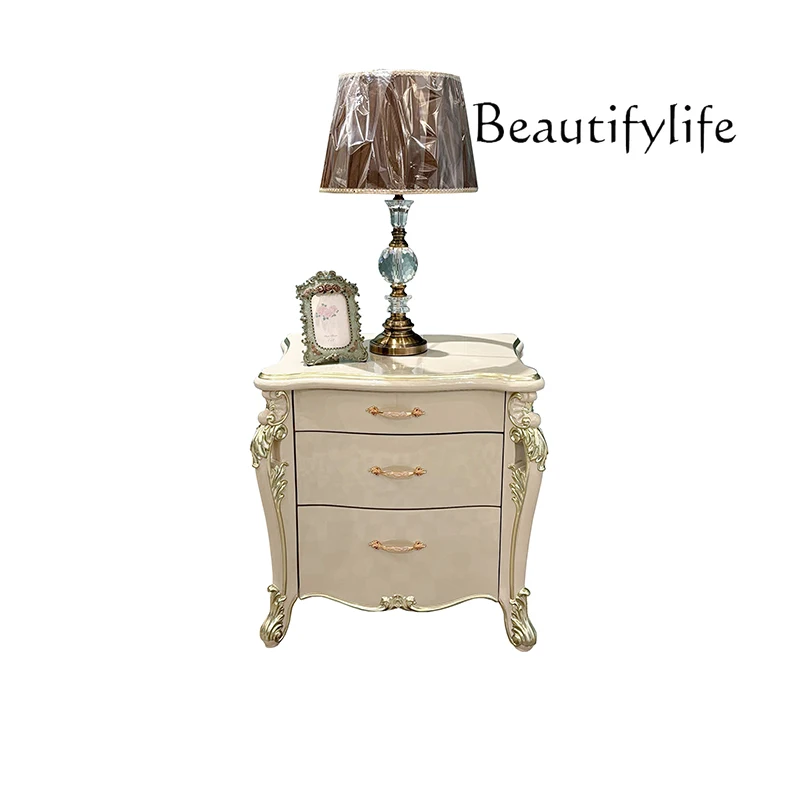 

French court bedside table European simple neoclassical bedroom three drawers storage cabinet corner few solid wood feet carving