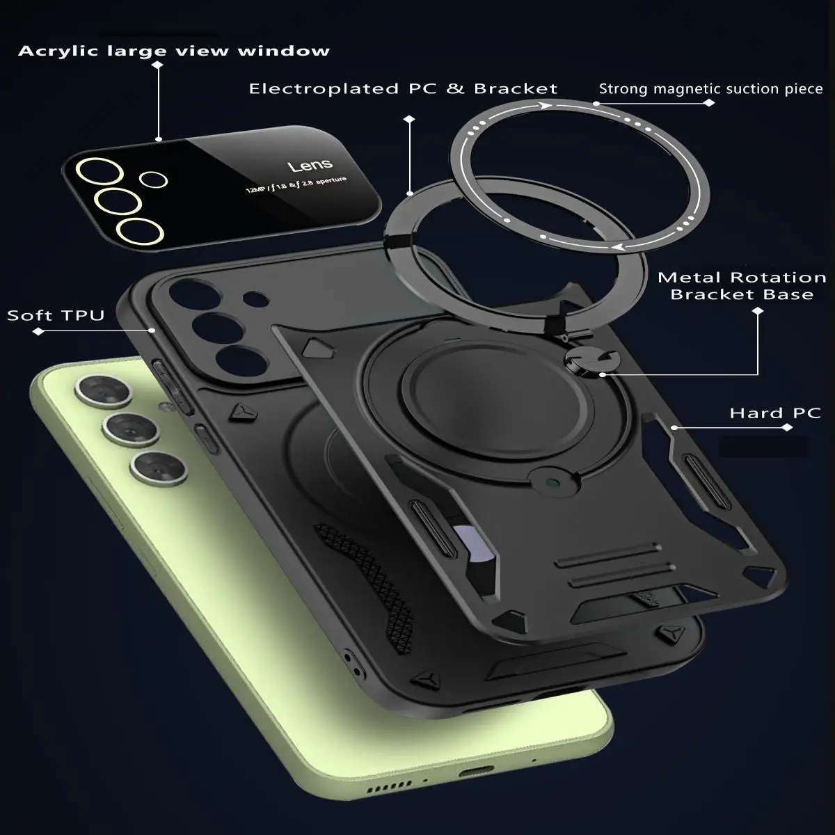 삼성 갤럭시 A16 A54 5G A34 A14 A24 A13 A23 A33 A52 A53 A22 A32 A15 A25 A35 A55용 360도 회전 렌즈 보호 커버 아머