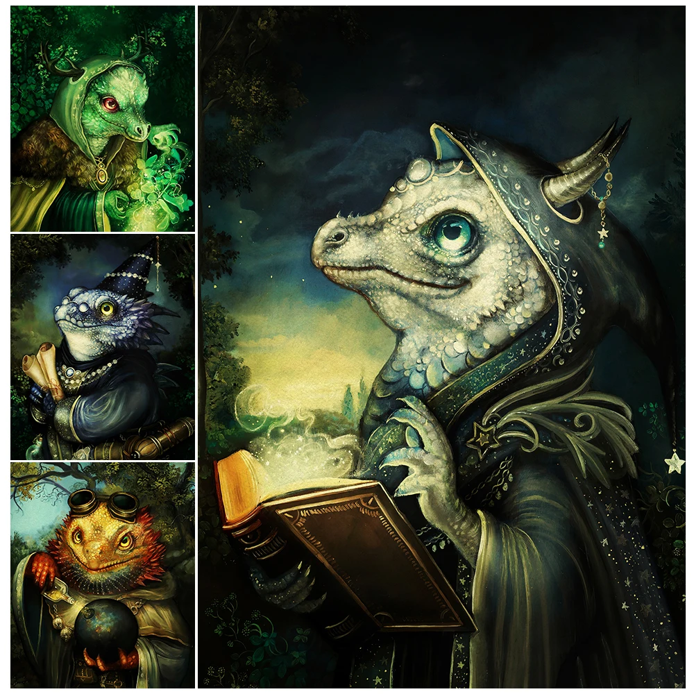 The Mysterious Dragon Wizard Vintage Wall Art Canvas Painting Cute Magic Evil Little Dragon Art Poster Print Home Decor Unframed