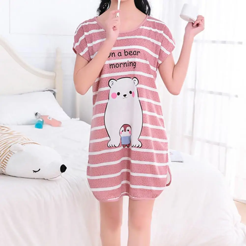 Stylish Lady Nighty Dress Short Sleeve Split Hem Ladies Round Neck Loose-fitting Nightdress