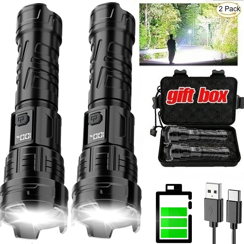 슈퍼 밝은 LED 손전등 USB 충전식 토치 야외 줌 낚시 사냥 스포트라이트 내장 18650 배터리 ABS 손전등